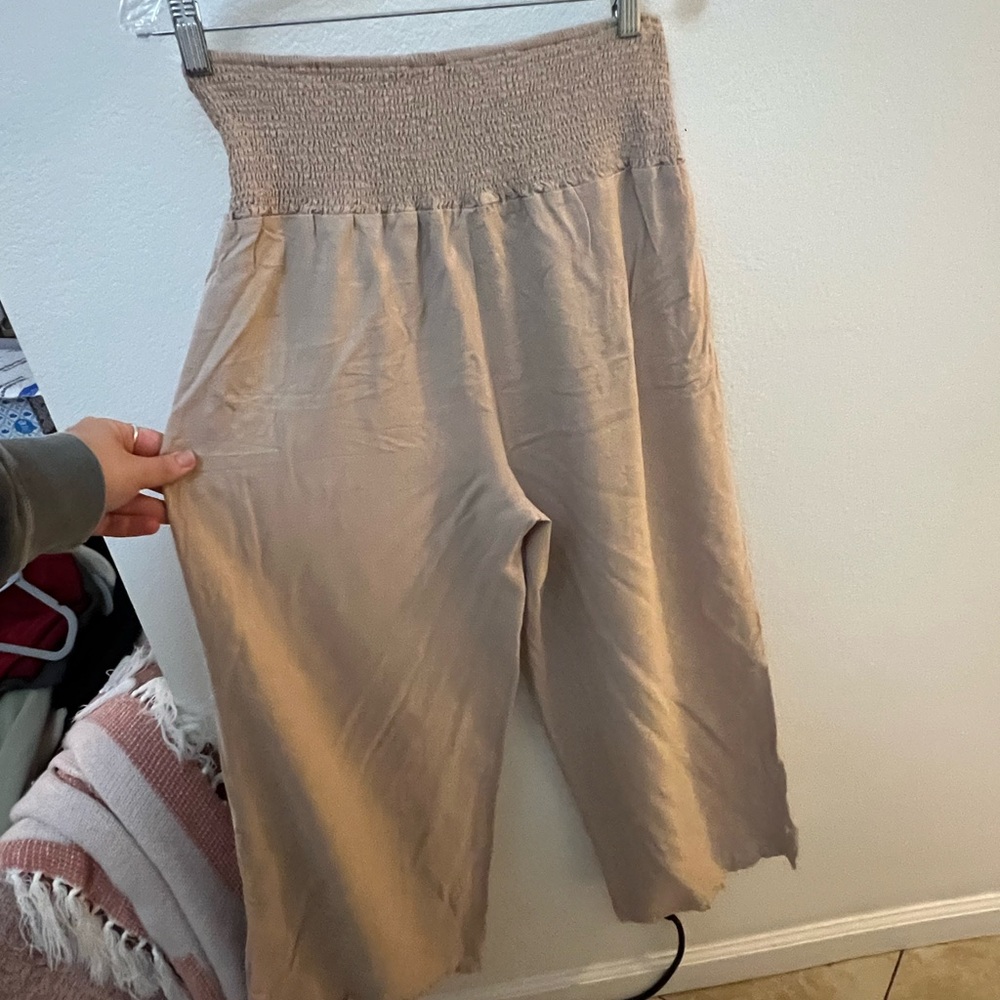 Beige Wide-Leg Linen Pants